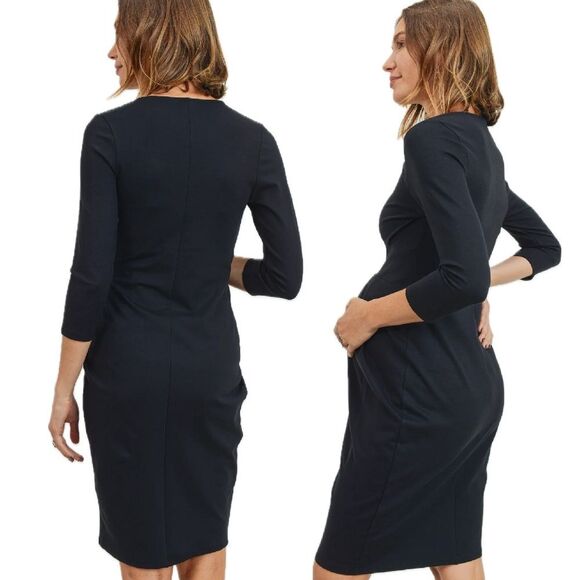 Hello Miz Black 3/4 Sleeve Round Neck Front Pleat Maternity Dress Size Small - Picture 2 of 7